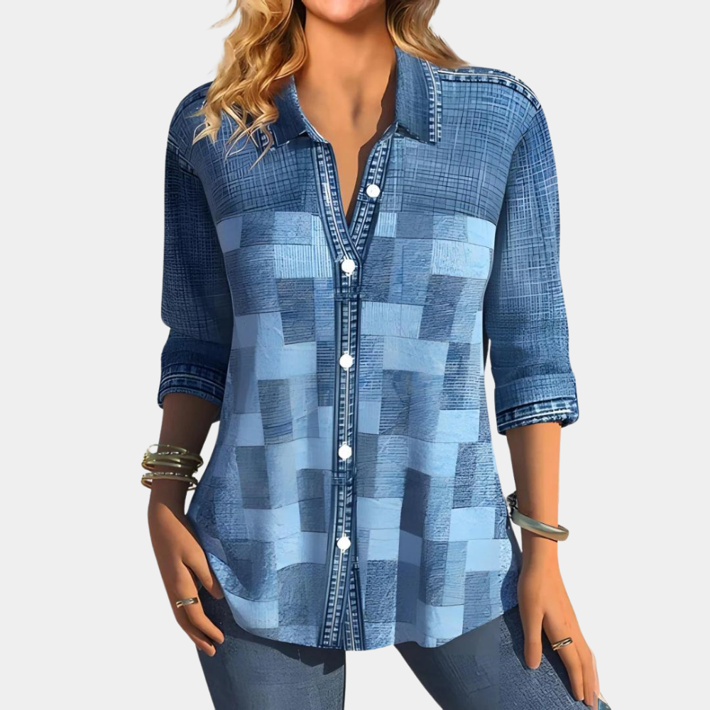 Blouse Femme - Manches 3/4 - Col Classique - Boutonnée - Coupe Ample Patchwork