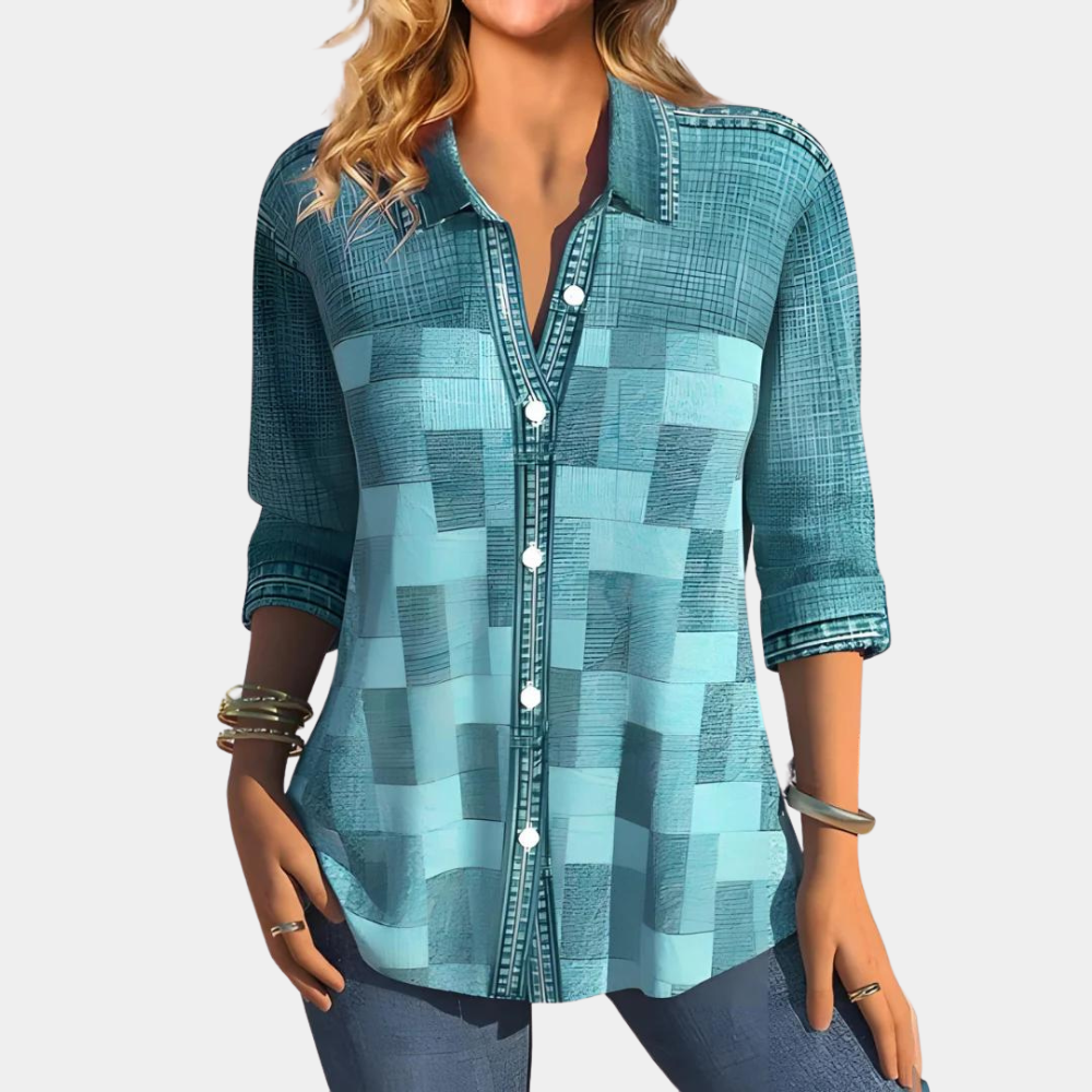 Blouse Femme - Manches 3/4 - Col Classique - Boutonnée - Coupe Ample Patchwork