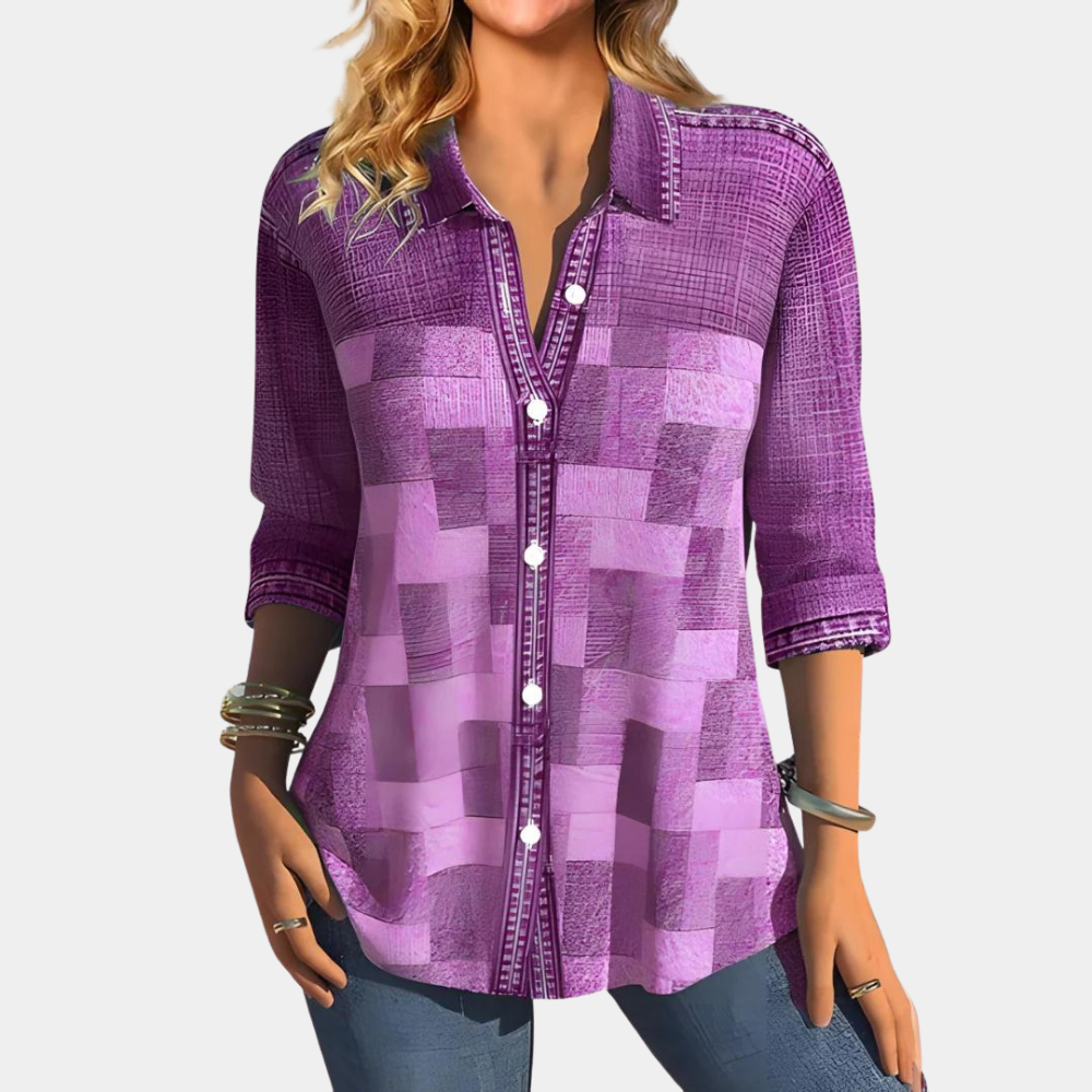 Blouse Femme - Manches 3/4 - Col Classique - Boutonnée - Coupe Ample Patchwork