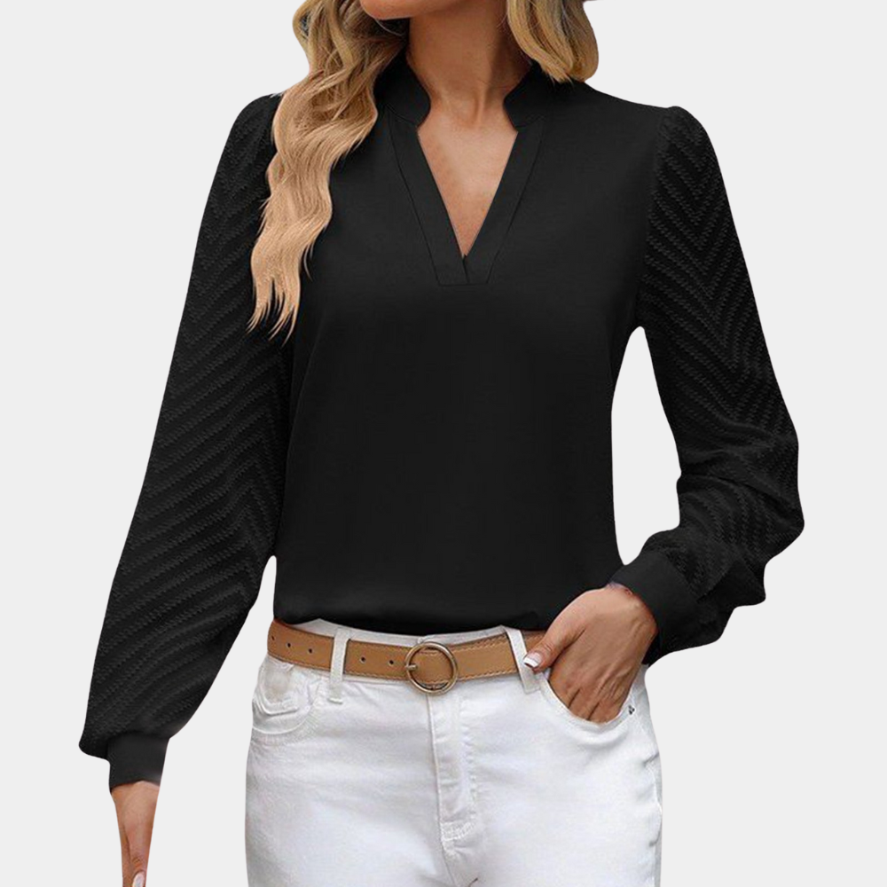 Blouse Femme - Col V Fendu - Manches Longues Transparentes - Coupe Fluide Élégante