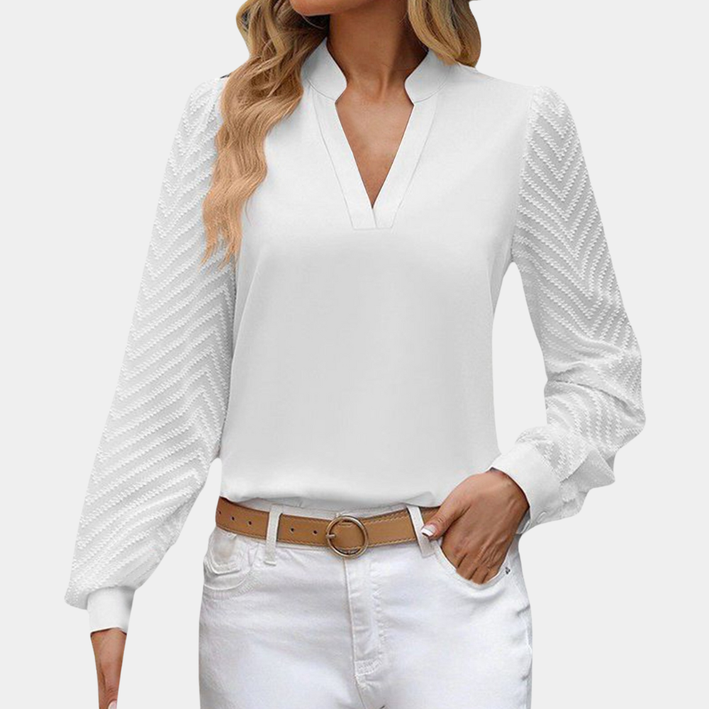 Blouse Femme - Col V Fendu - Manches Longues Transparentes - Coupe Fluide Élégante