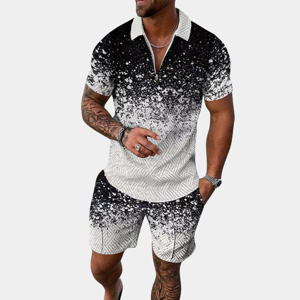 Ensemble Polo et Short Homme - Ajusté - Manches Courtes - Motif Géométrique - Fermeture Zippée