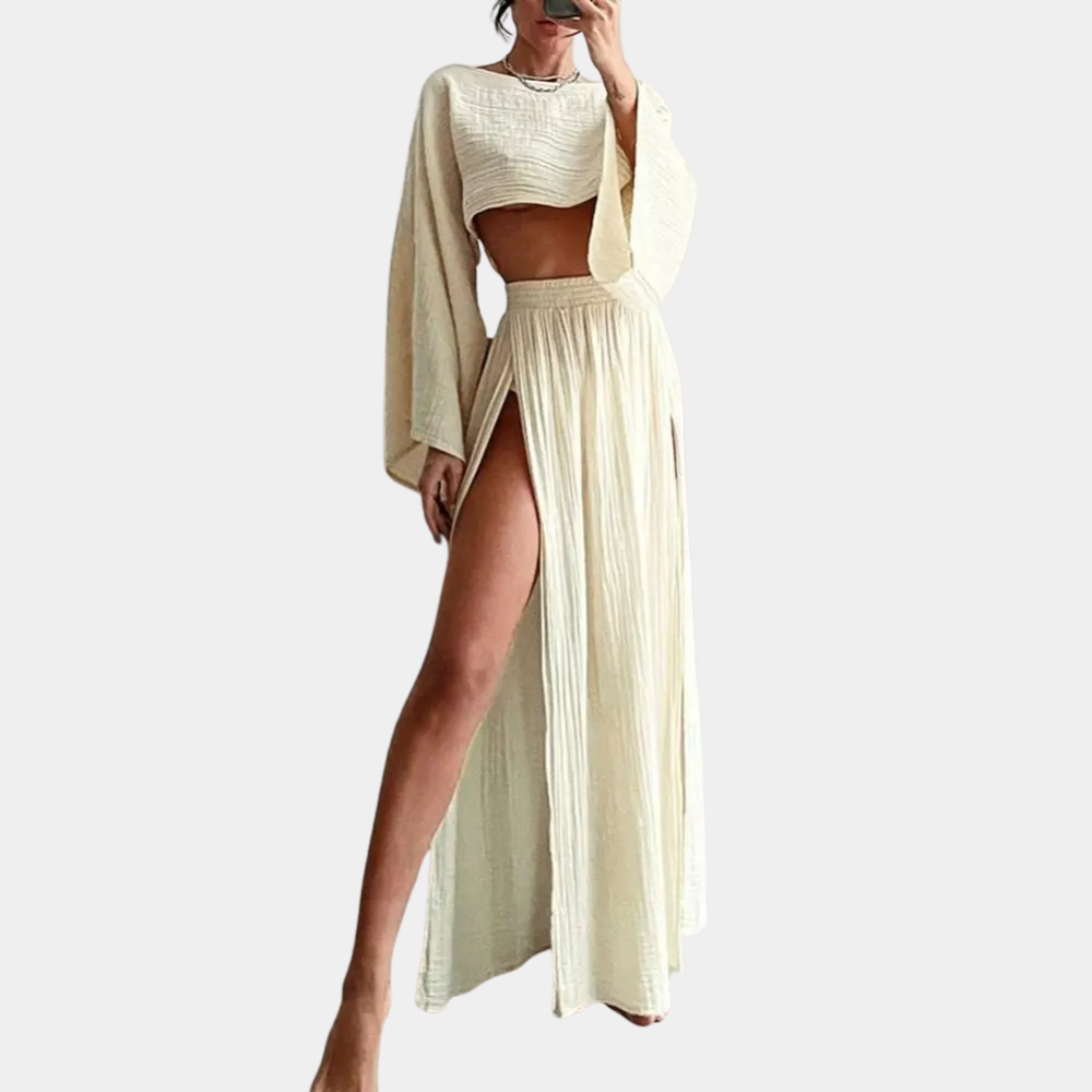 Ensemble Femme – Deux Pièces – Crop Top Ample à Manches Longues – Jupe Fendue Taille Élastique