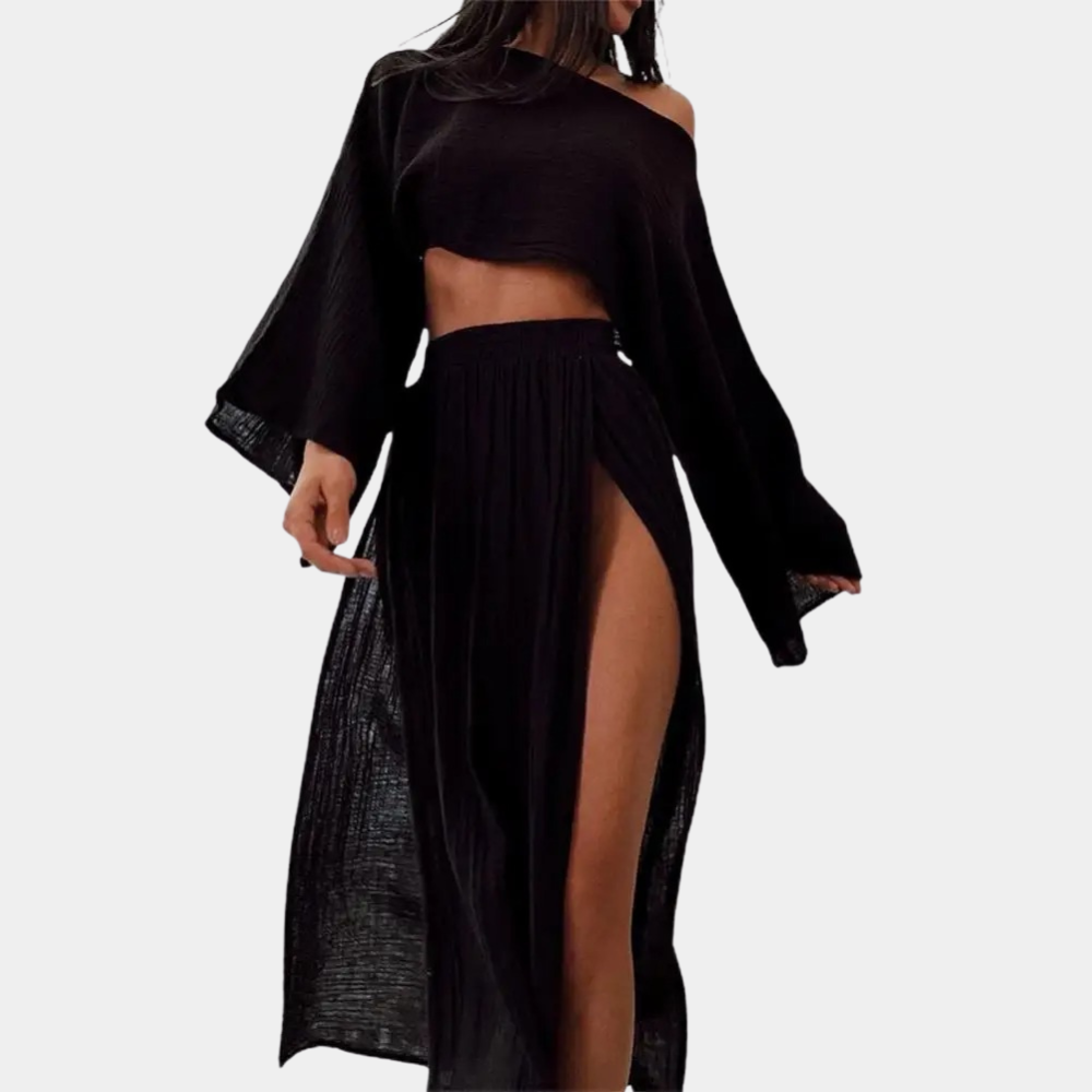 Ensemble Femme – Deux Pièces – Crop Top Ample à Manches Longues – Jupe Fendue Taille Élastique