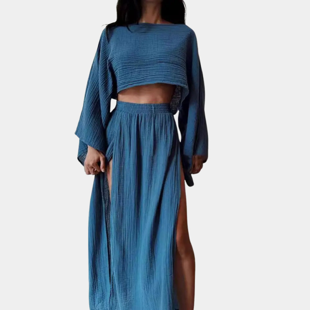 Ensemble Femme – Deux Pièces – Crop Top Ample à Manches Longues – Jupe Fendue Taille Élastique