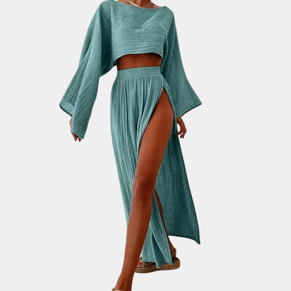 Ensemble Femme – Deux Pièces – Crop Top Ample à Manches Longues – Jupe Fendue Taille Élastique