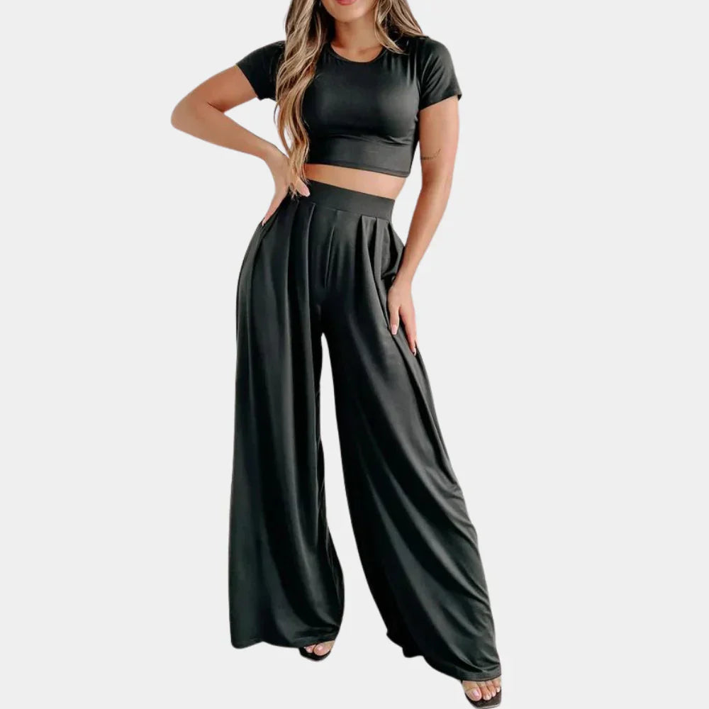 Ensemble Femme – Crop Top Manches Courtes & Pantalon Taille Haute Jambe Large