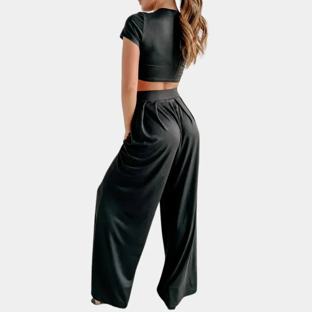 Ensemble Femme – Crop Top Manches Courtes & Pantalon Taille Haute Jambe Large