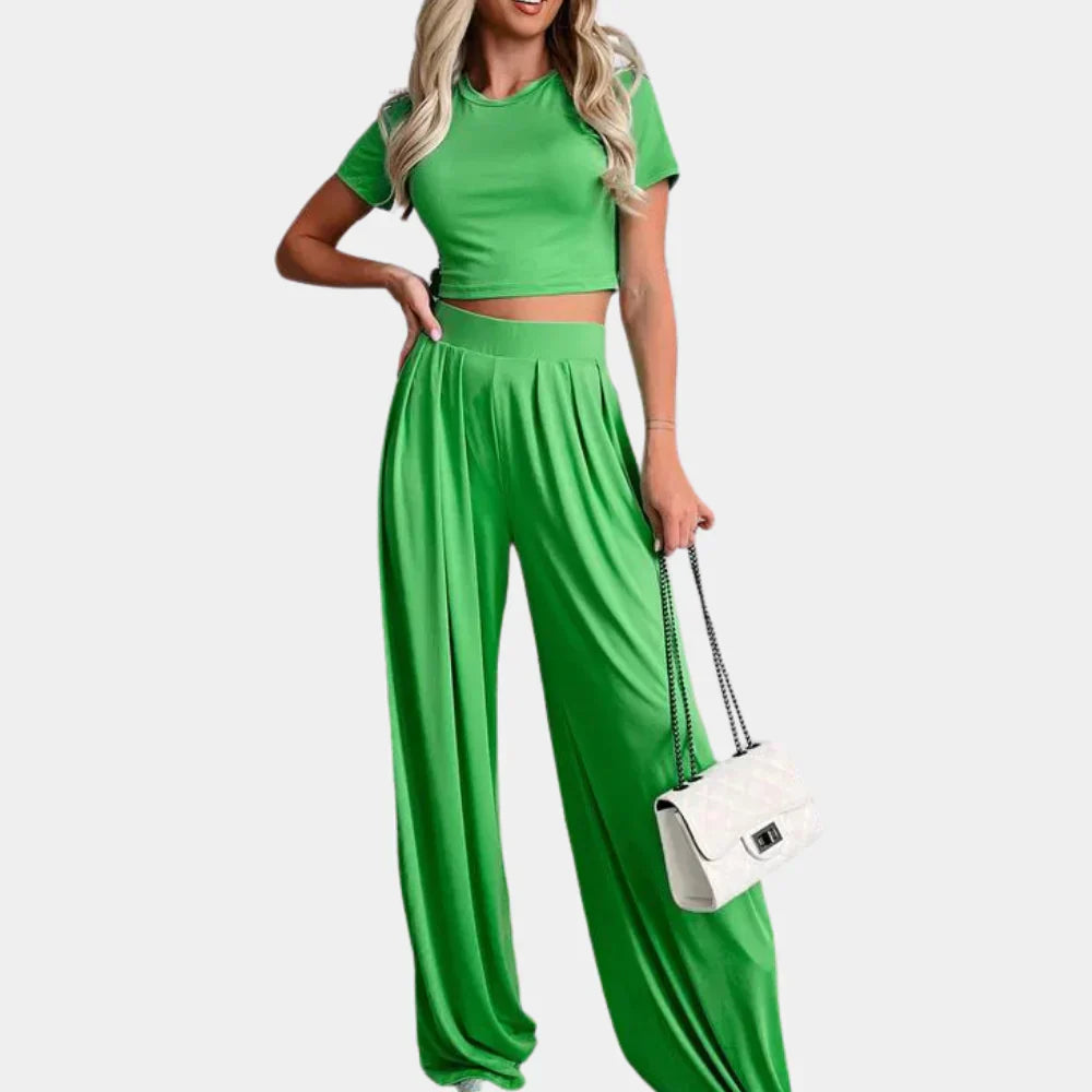 Ensemble Femme – Crop Top Manches Courtes & Pantalon Taille Haute Jambe Large