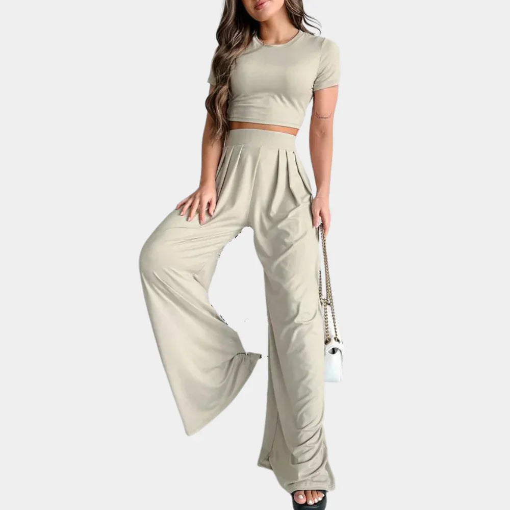 Ensemble Femme – Crop Top Manches Courtes & Pantalon Taille Haute Jambe Large