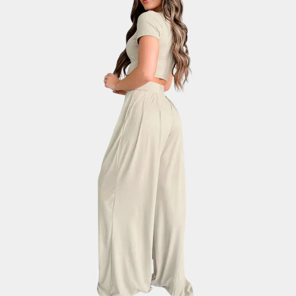 Ensemble Femme – Crop Top Manches Courtes & Pantalon Taille Haute Jambe Large