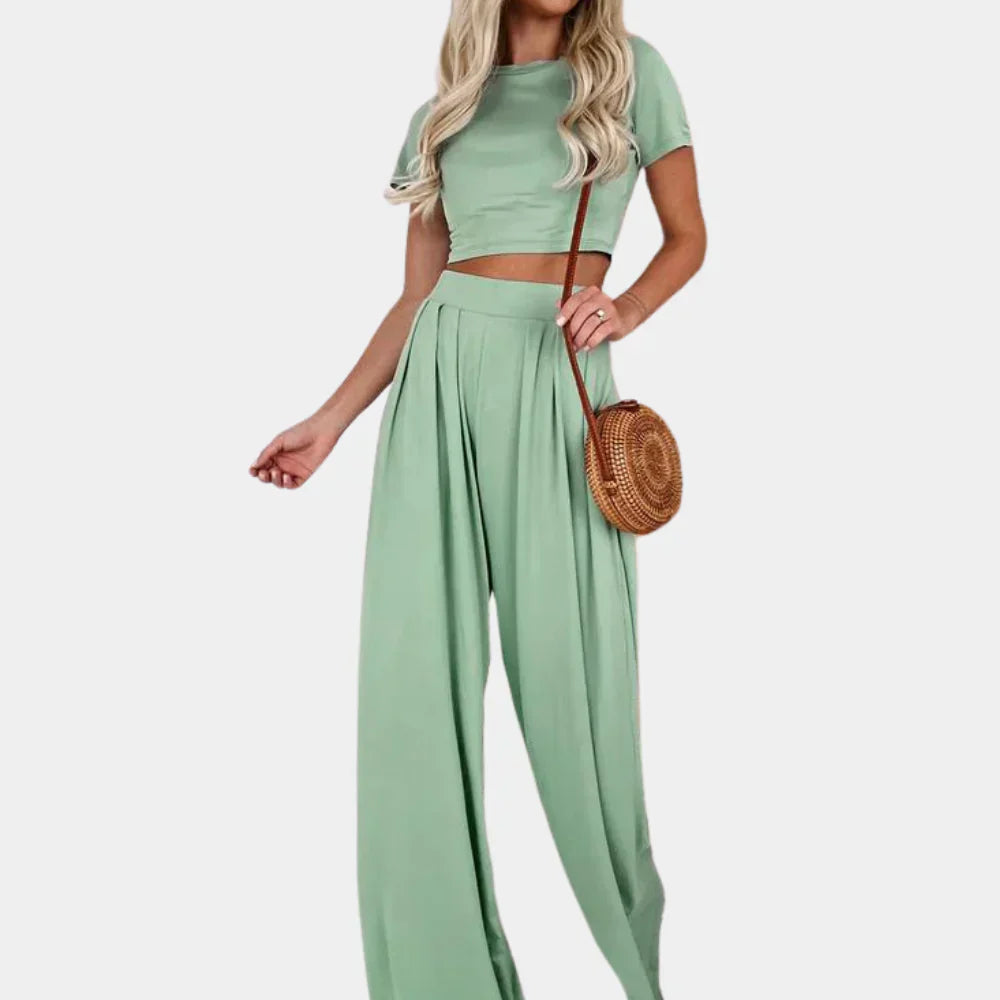 Ensemble Femme – Crop Top Manches Courtes & Pantalon Taille Haute Jambe Large