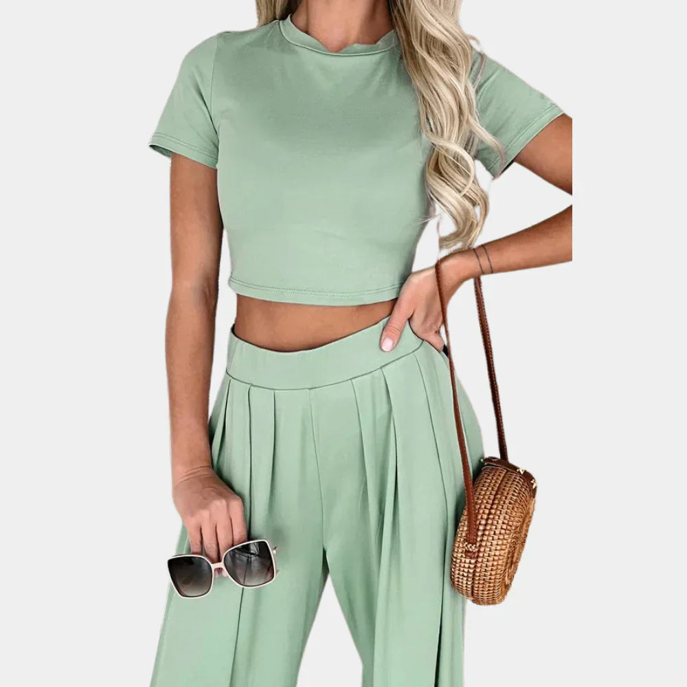 Ensemble Femme – Crop Top Manches Courtes & Pantalon Taille Haute Jambe Large