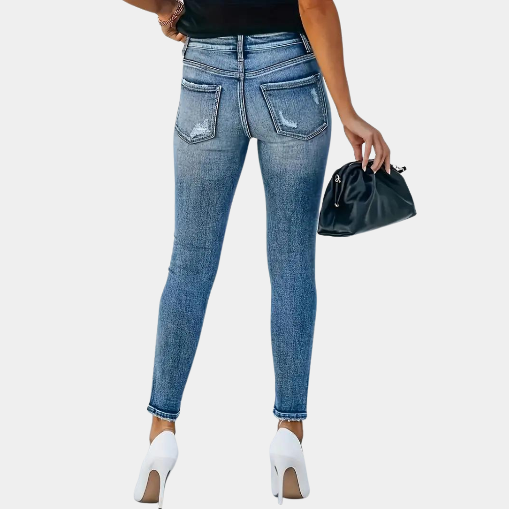 Jean Skinny Femme - Taille Haute - Boutons Apparents - Denim Stretch - Effet Usé
