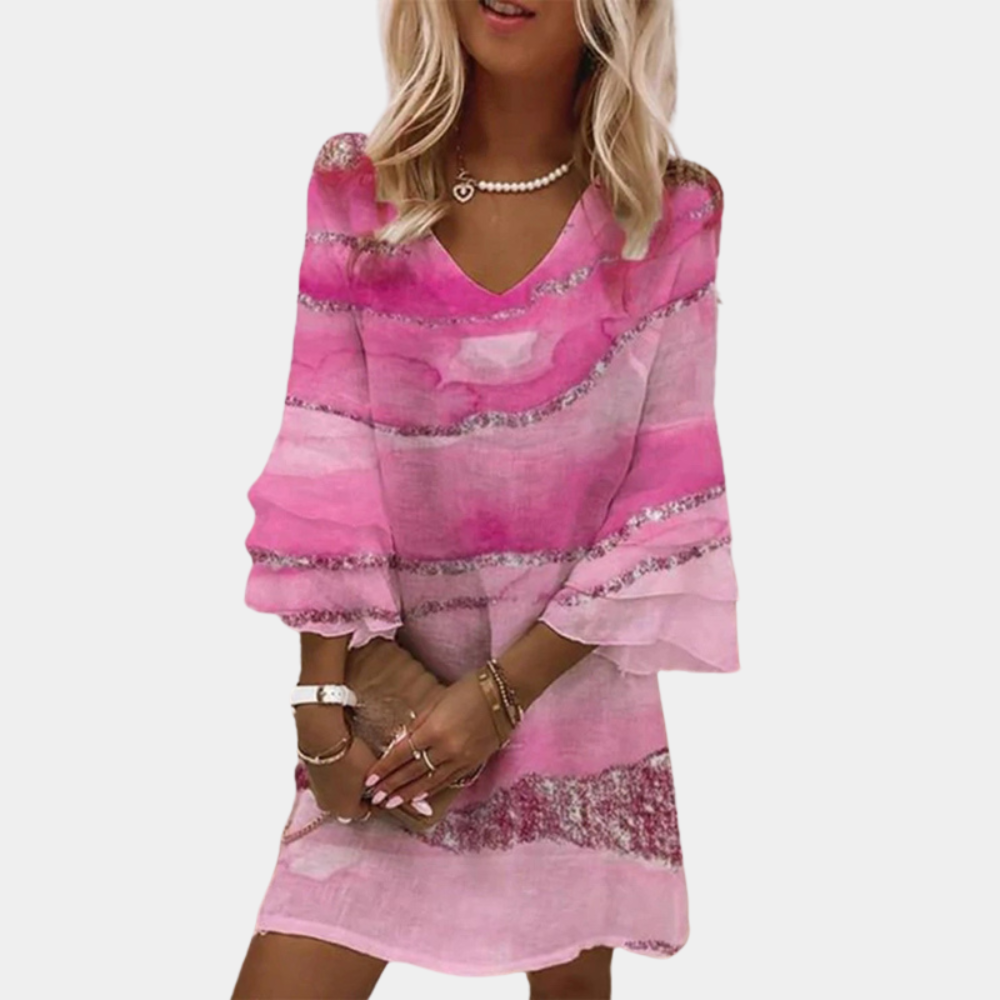 Robe Femme - Mini Fluide - Col V - Manches Évasées - Motif Abstrait Élégant