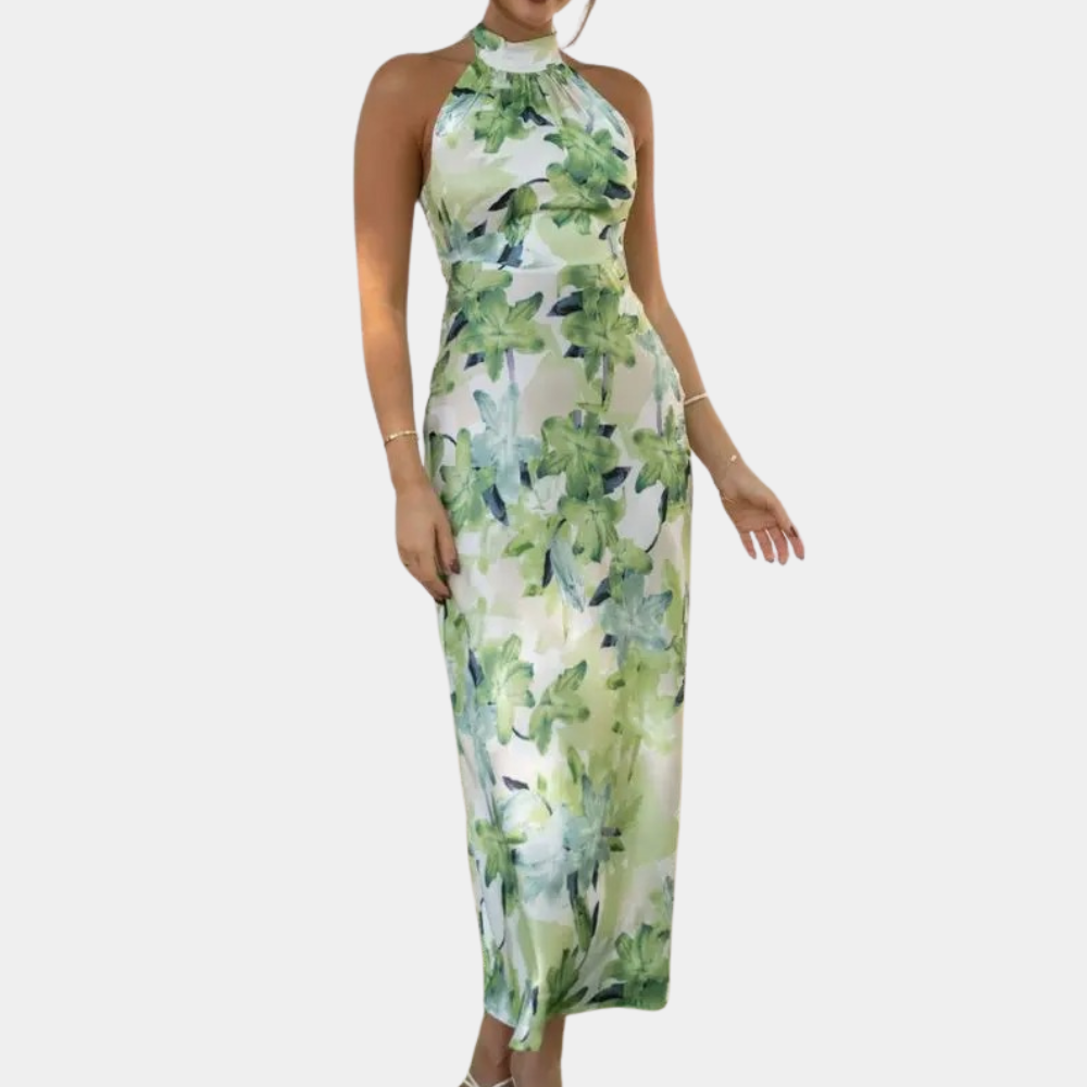 Robe Longue Femme - Sans Manches - Col Halter Élégant - Coupe Ajustée - Motif Fleuri