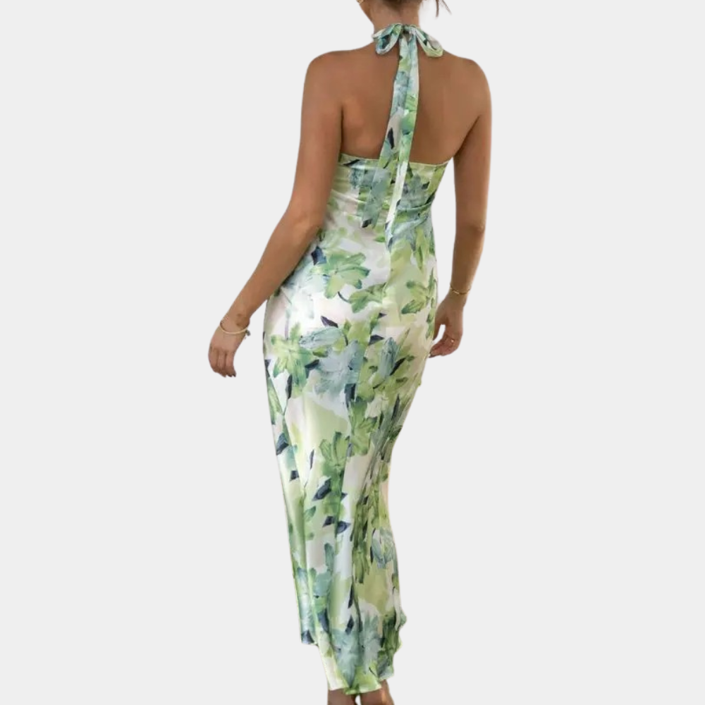 Robe Longue Femme - Sans Manches - Col Halter Élégant - Coupe Ajustée - Motif Fleuri