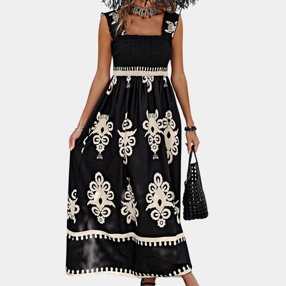 Robe Maxi Femme – Sans Manches – Encolure Carrée – Smockée – Style Fluide et Léger