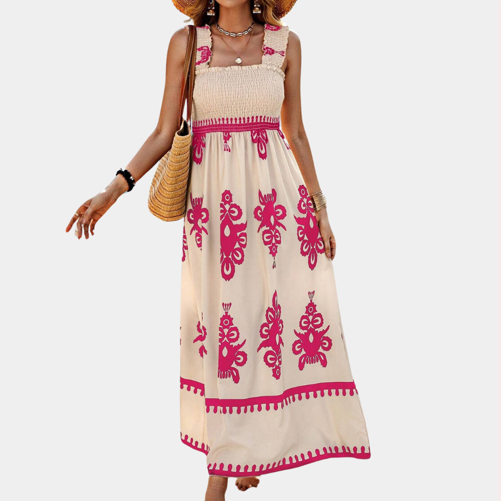 Robe Maxi Femme – Sans Manches – Encolure Carrée – Smockée – Style Fluide et Léger