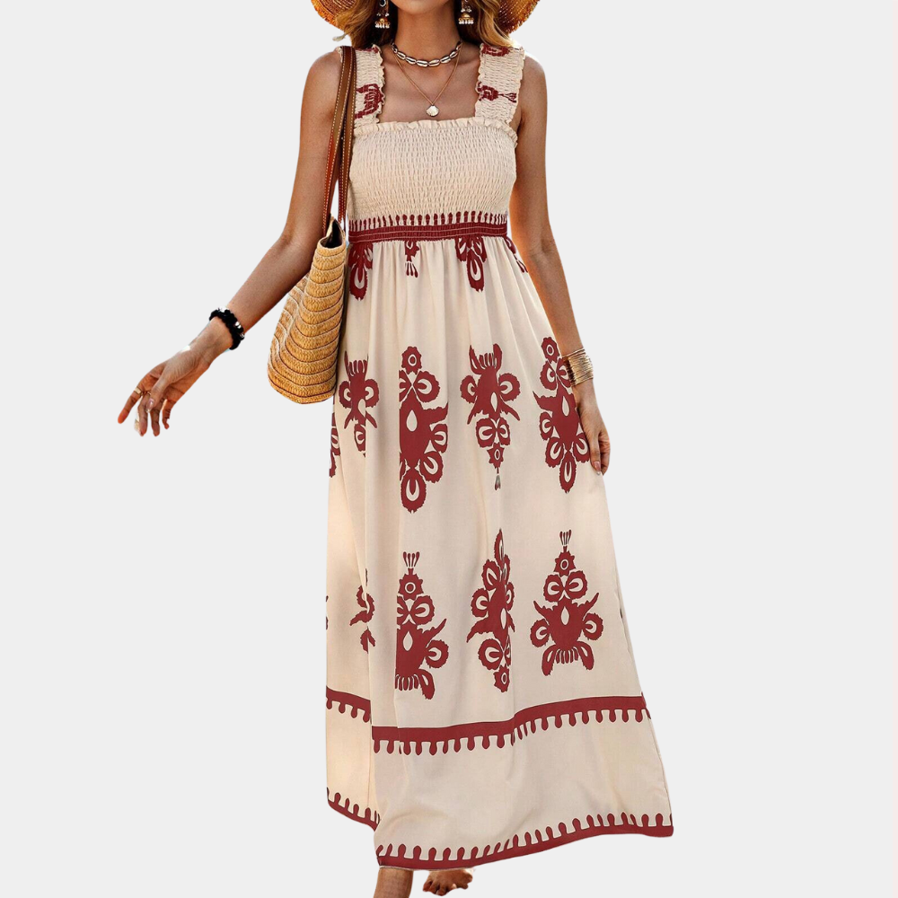 Robe Maxi Femme – Sans Manches – Encolure Carrée – Smockée – Style Fluide et Léger