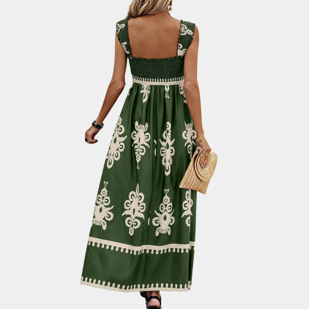 Robe Maxi Femme – Sans Manches – Encolure Carrée – Smockée – Style Fluide et Léger