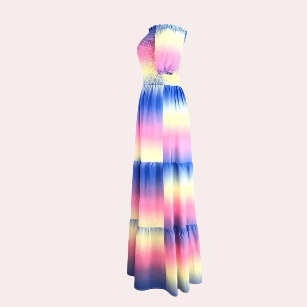 Robe Maxi Femme – Épaules Dénudées – Manches Courtes – Taille Smockée – Jupe Étagée