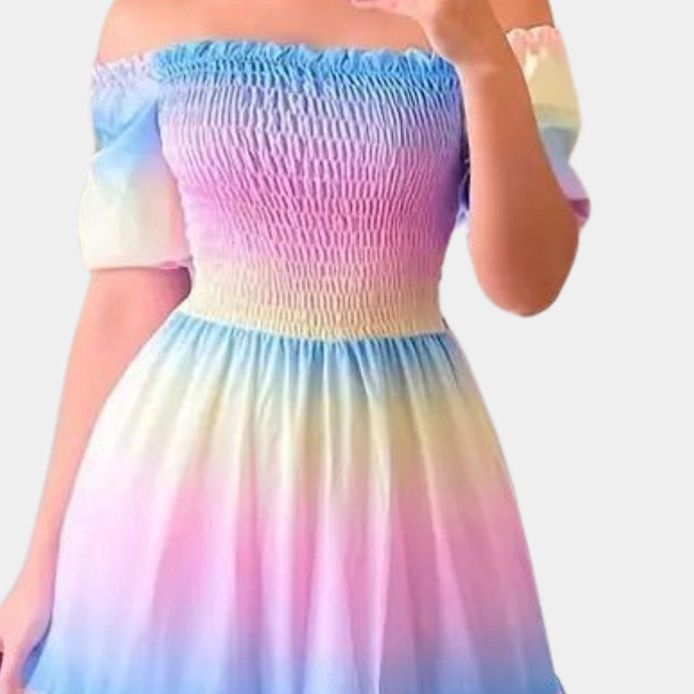 Robe Maxi Femme – Épaules Dénudées – Manches Courtes – Taille Smockée – Jupe Étagée