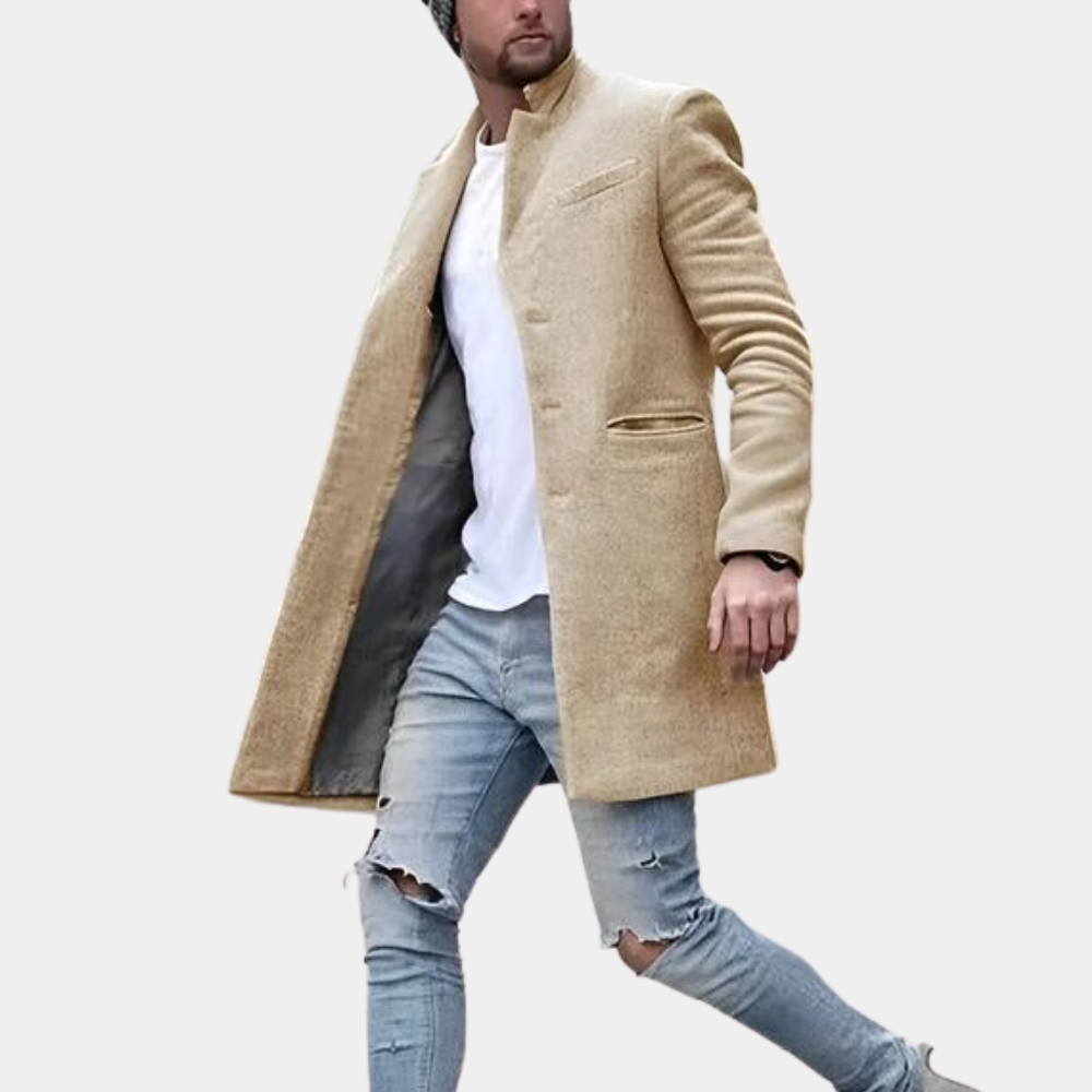 Manteau homme – Coupe structurée – Laine mélangée – Col montant – Mi-long