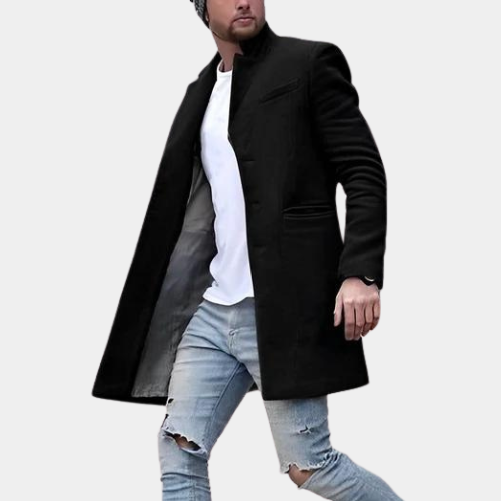 Manteau homme – Coupe structurée – Laine mélangée – Col montant – Mi-long