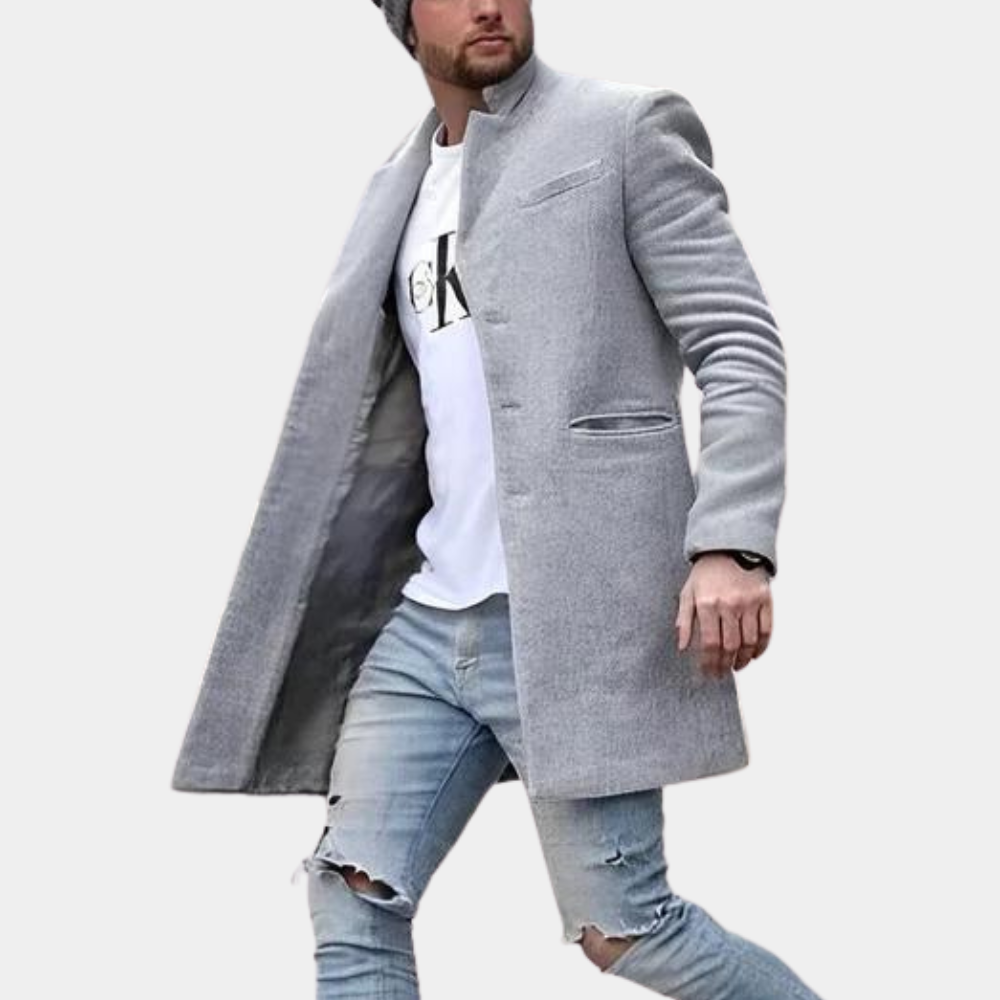 Manteau homme – Coupe structurée – Laine mélangée – Col montant – Mi-long
