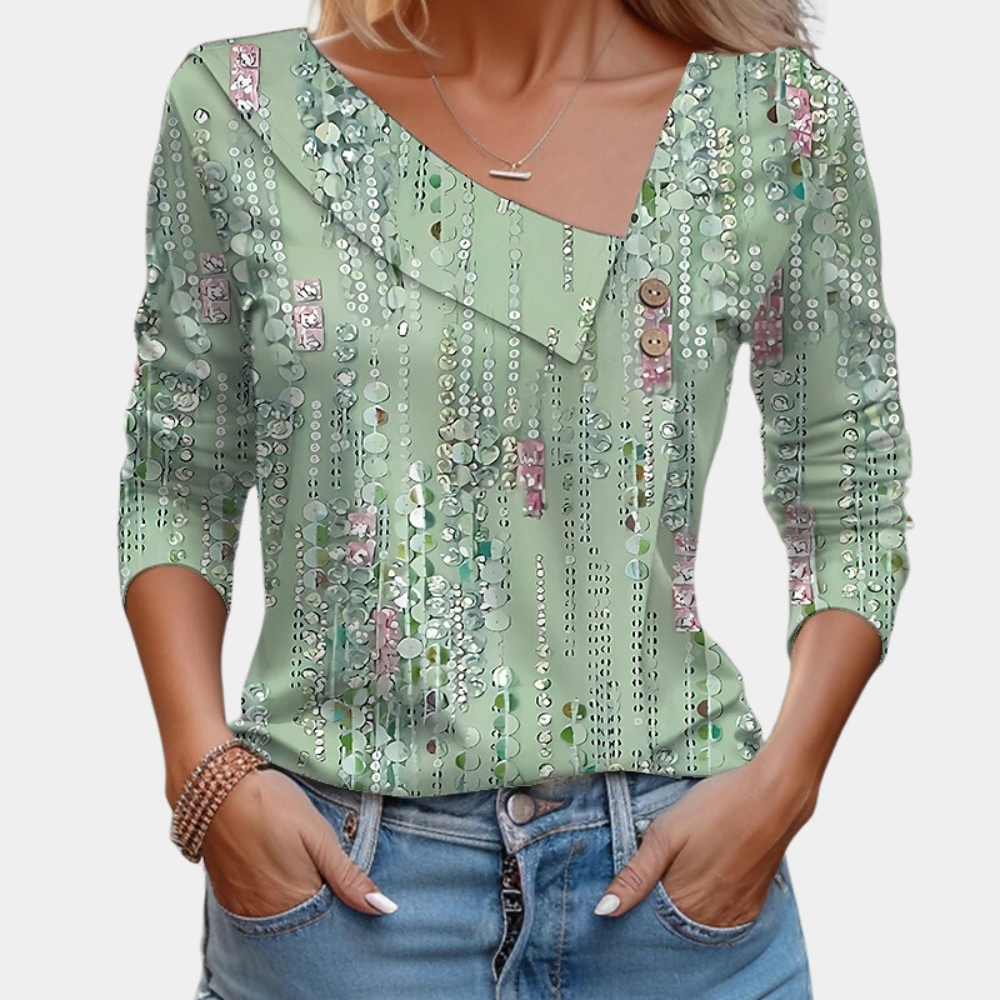 Blouse Femme – Manches Longues – Col Asymétrique avec Boutons – Imprimé Fleuri Élégant