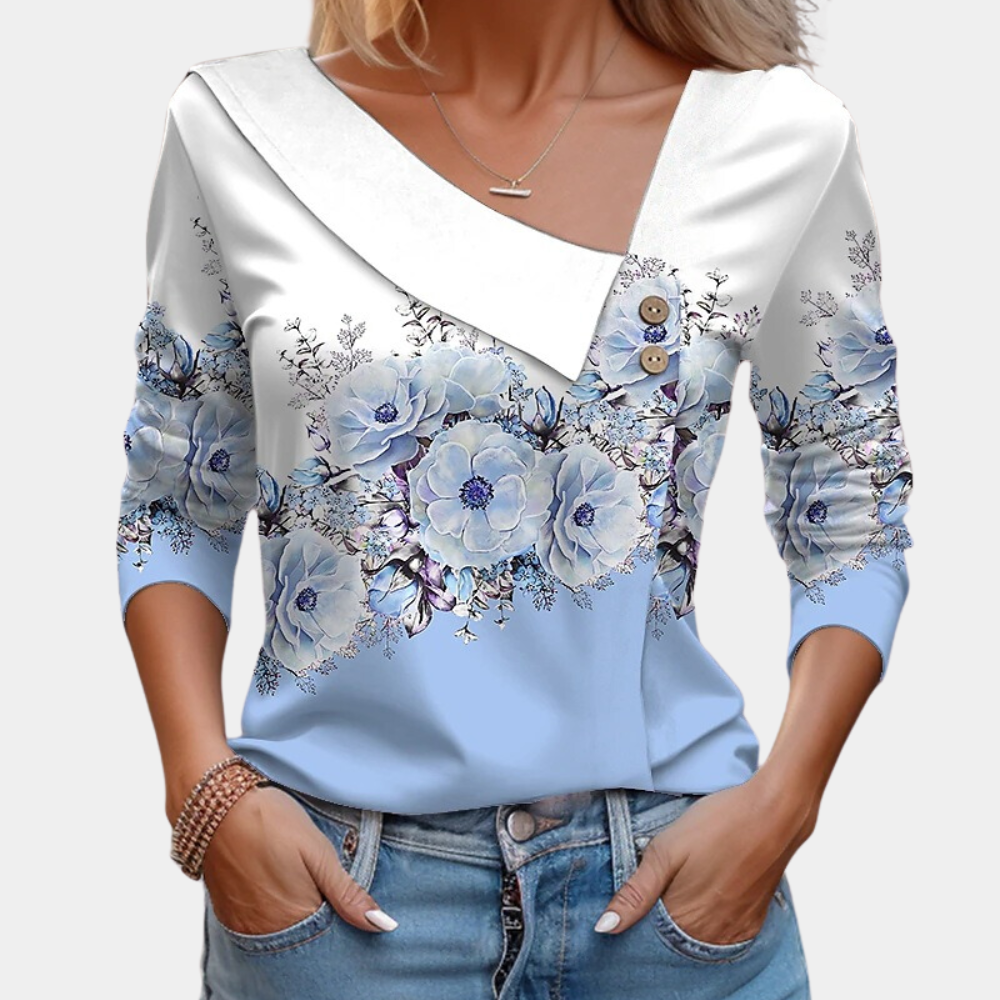 Blouse Femme – Manches Longues – Col Asymétrique avec Boutons – Imprimé Fleuri Élégant