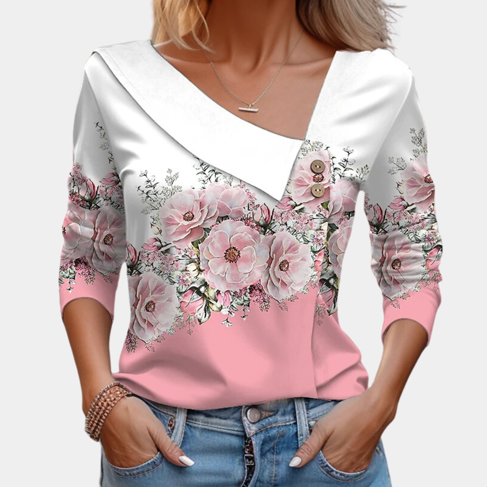 Blouse Femme – Manches Longues – Col Asymétrique avec Boutons – Imprimé Fleuri Élégant