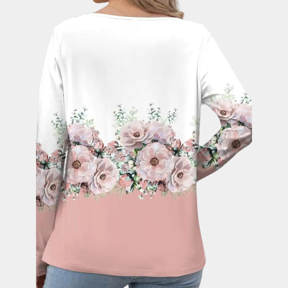 Blouse Femme – Manches Longues – Col Asymétrique avec Boutons – Imprimé Fleuri Élégant