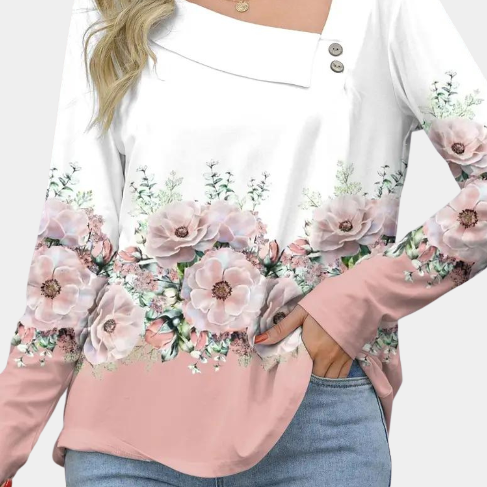 Blouse Femme – Manches Longues – Col Asymétrique avec Boutons – Imprimé Fleuri Élégant