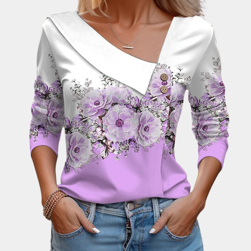 Blouse Femme – Manches Longues – Col Asymétrique avec Boutons – Imprimé Fleuri Élégant