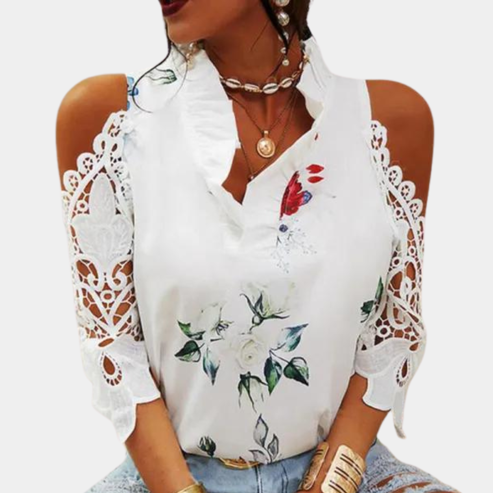Blouse Femme - Épaules Dénudées Dentelle - Col Volanté - Imprimé Fleuri Papillons - Coupe Ample