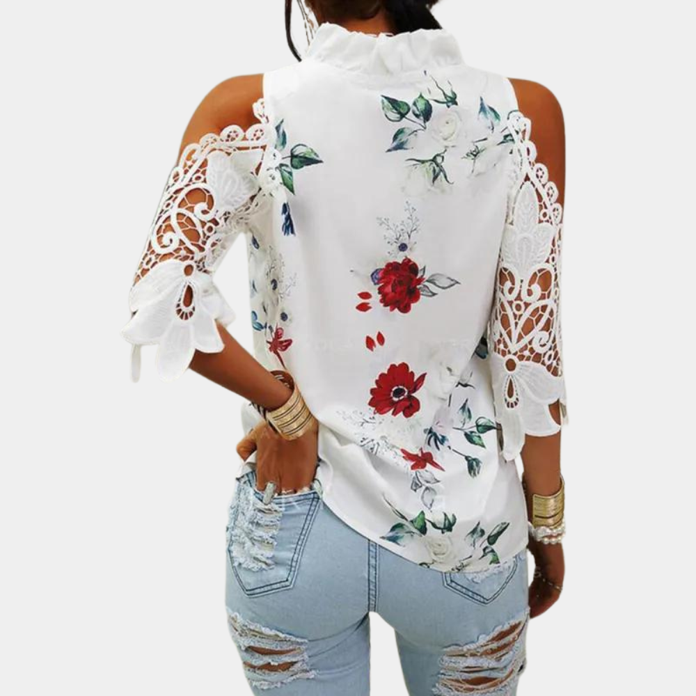 Blouse Femme - Épaules Dénudées Dentelle - Col Volanté - Imprimé Fleuri Papillons - Coupe Ample
