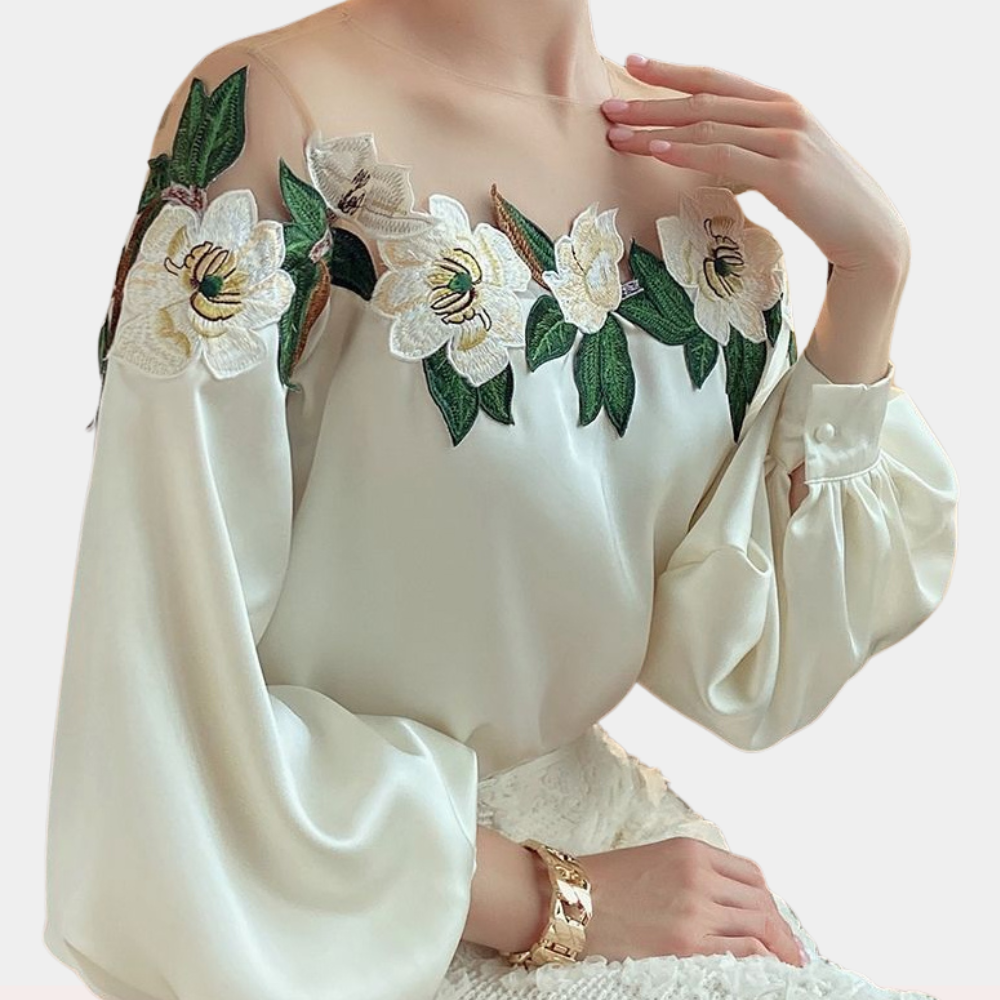 Blouse Femme - Épaules Dénudées - Tulle Fleuri - Manches Longues Bouffantes Élégantes
