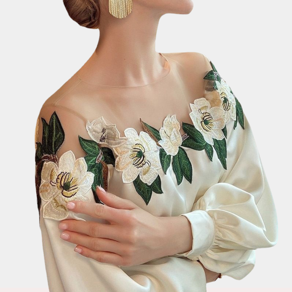 Blouse Femme - Épaules Dénudées - Tulle Fleuri - Manches Longues Bouffantes Élégantes