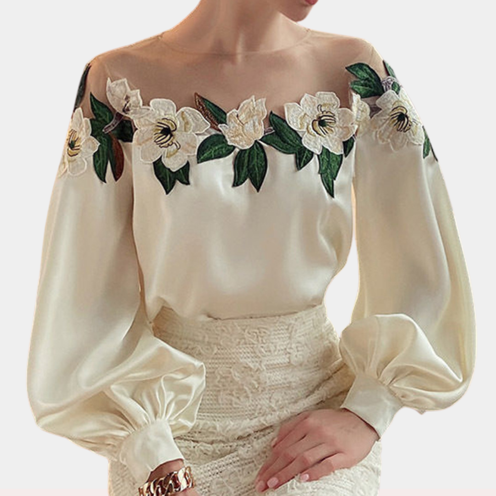 Blouse Femme - Épaules Dénudées - Tulle Fleuri - Manches Longues Bouffantes Élégantes