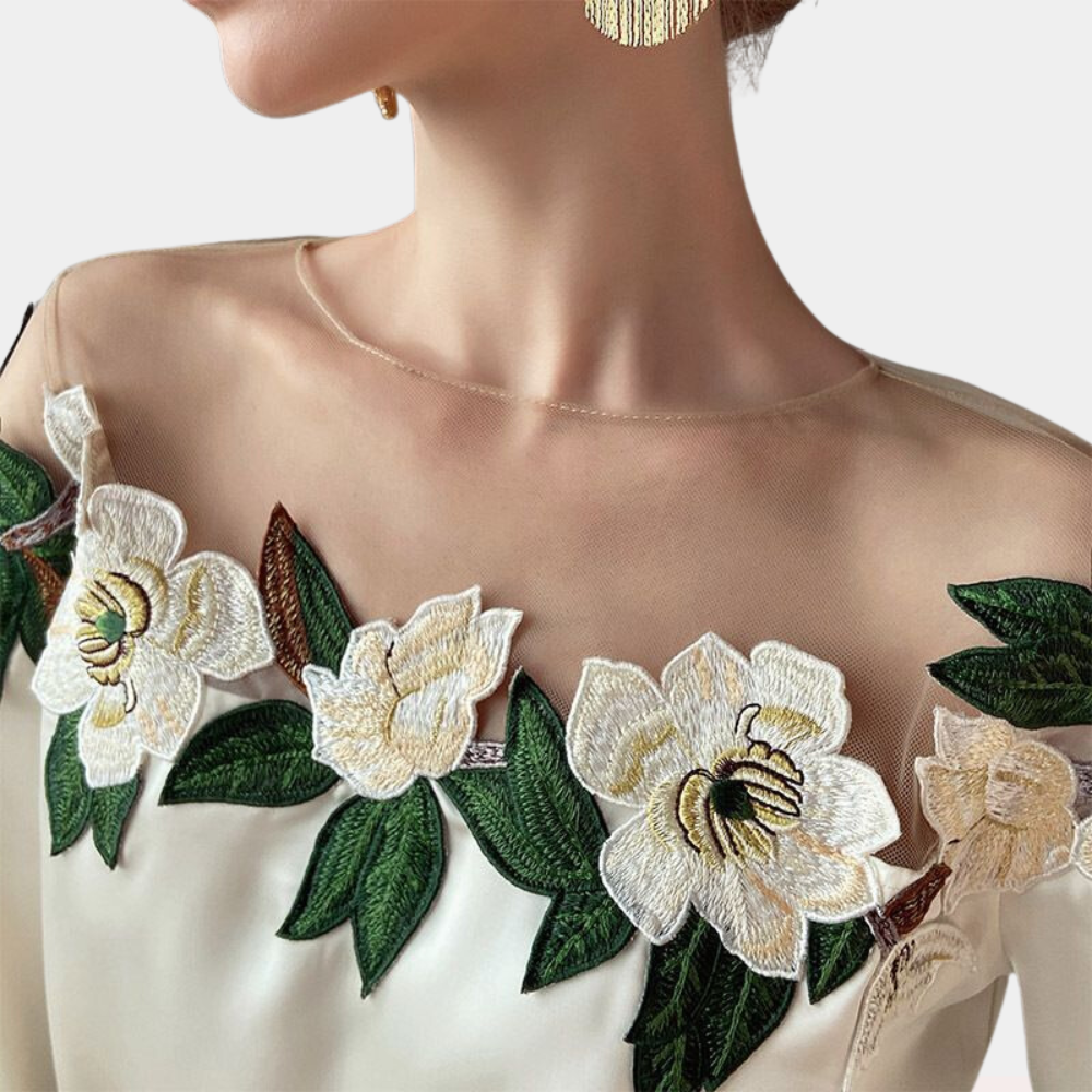 Blouse Femme - Épaules Dénudées - Tulle Fleuri - Manches Longues Bouffantes Élégantes