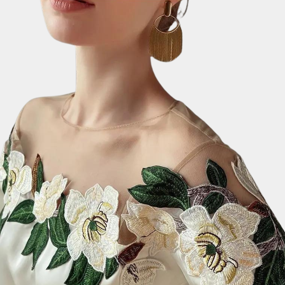 Blouse Femme - Épaules Dénudées - Tulle Fleuri - Manches Longues Bouffantes Élégantes