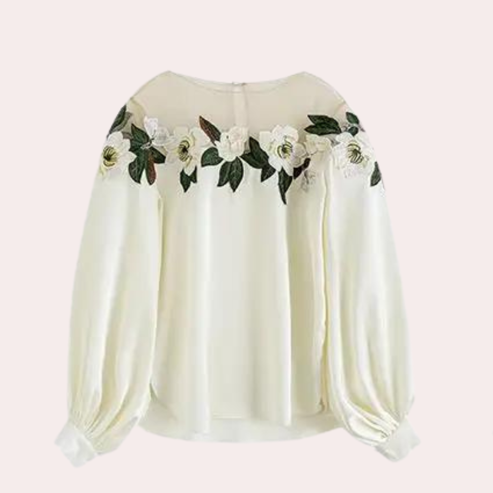 Blouse Femme - Épaules Dénudées - Tulle Fleuri - Manches Longues Bouffantes Élégantes