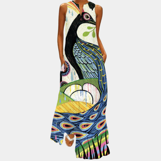 Robe Longue Femme - Sans Manches - Col Rond - Coupe Évasée Élégante - Imprimé Artistique