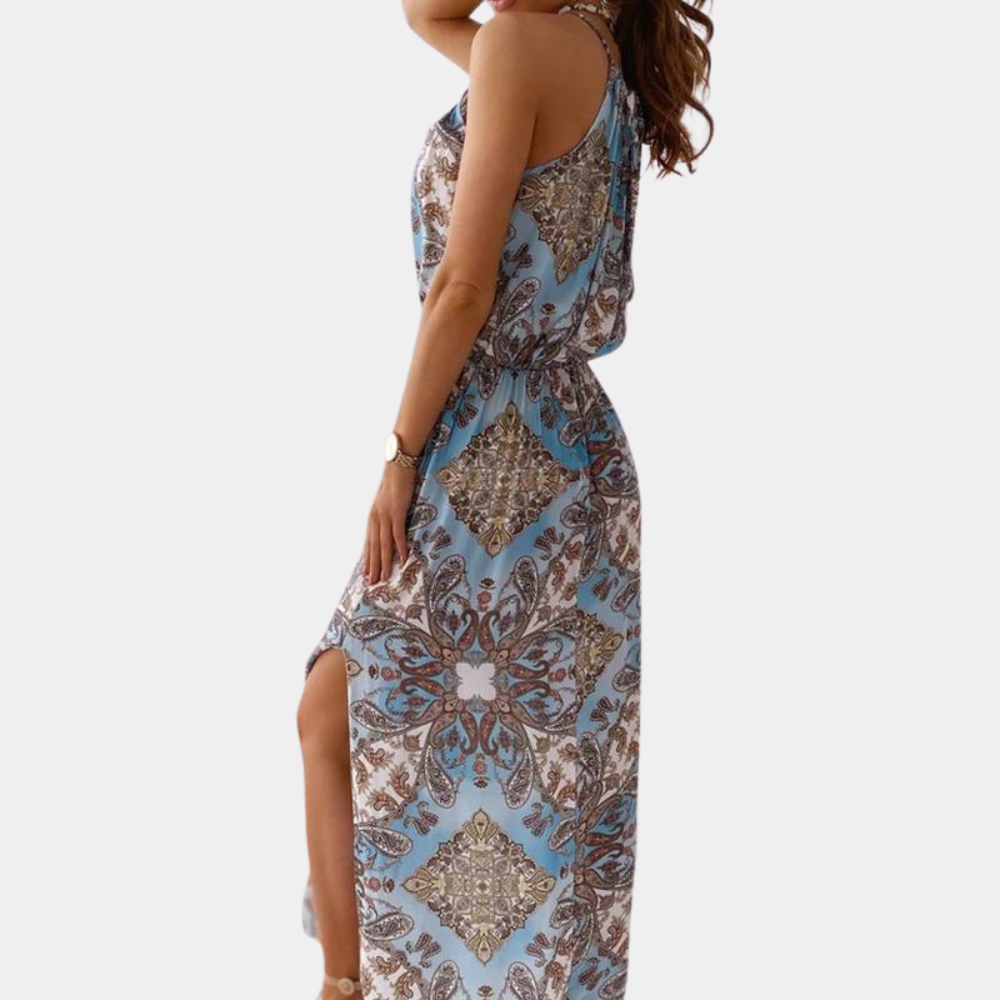 Robe Maxi Femme - Décolleté Halter - Coupe Cintrée - Sans Manches - Fendue Élégante