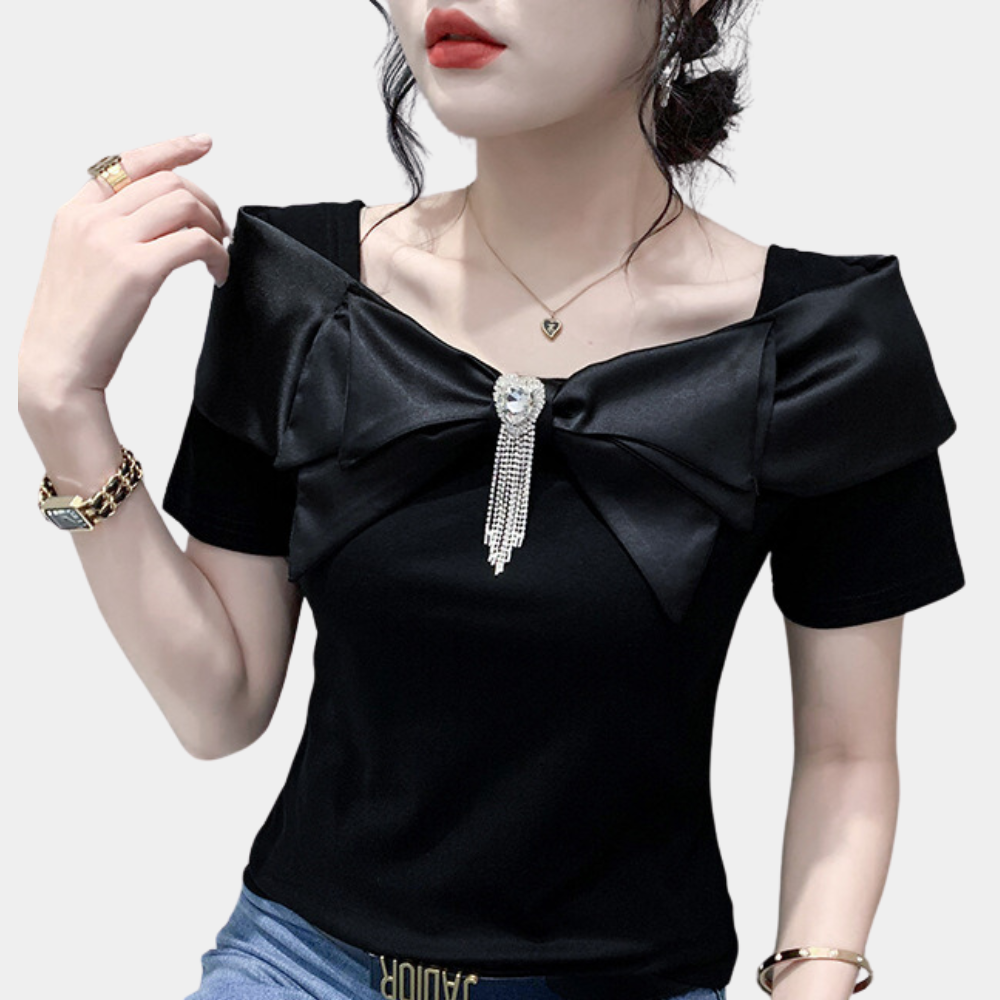 Blouse Femme - Décolleté Carré - Noeud Large - Manches Courtes - Coupe Ajustée Élégante
