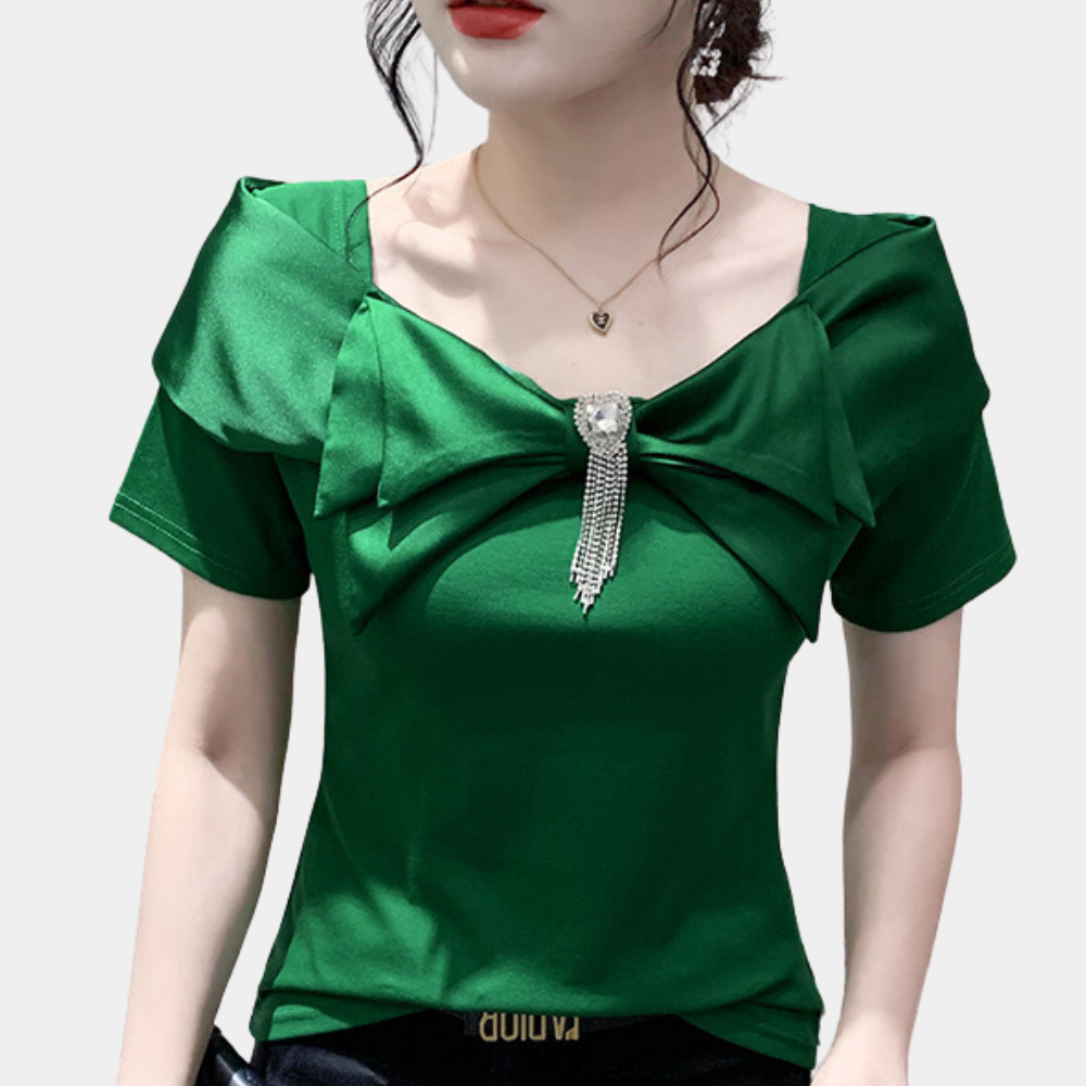 Blouse Femme - Décolleté Carré - Noeud Large - Manches Courtes - Coupe Ajustée Élégante