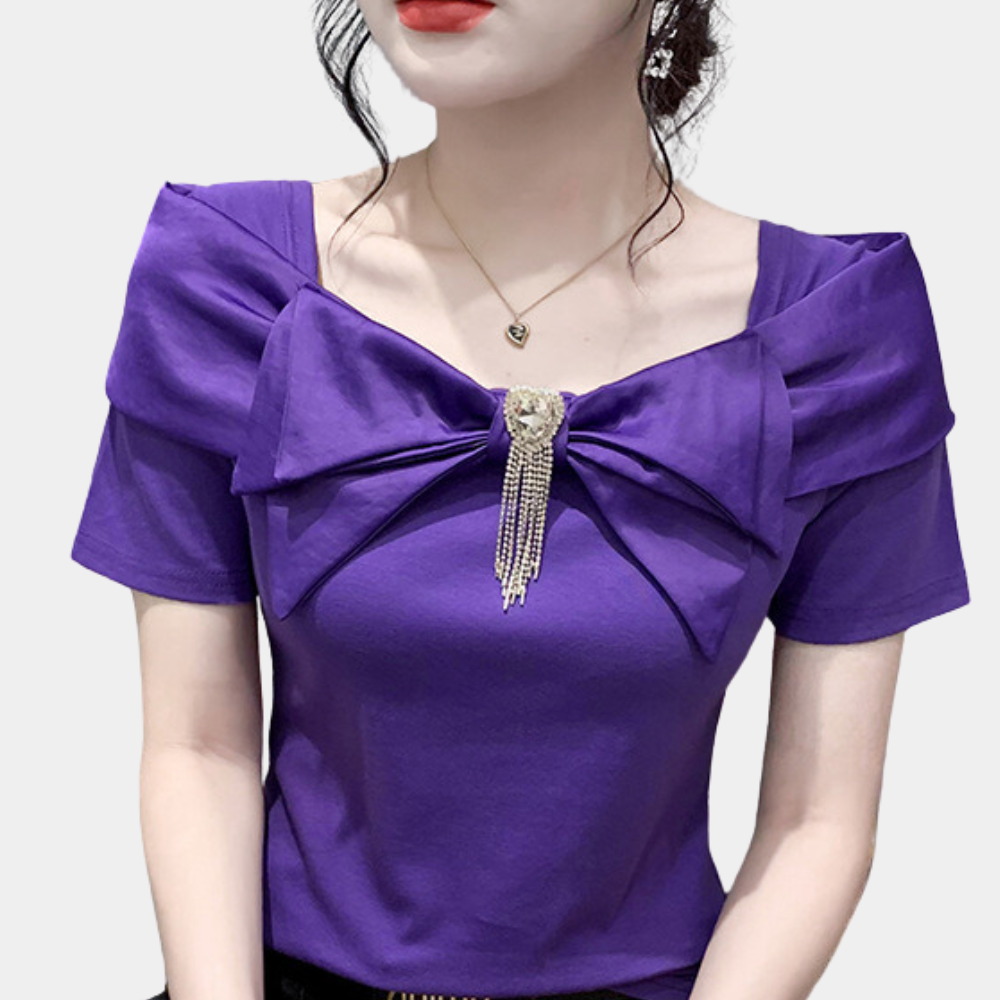 Blouse Femme - Décolleté Carré - Noeud Large - Manches Courtes - Coupe Ajustée Élégante