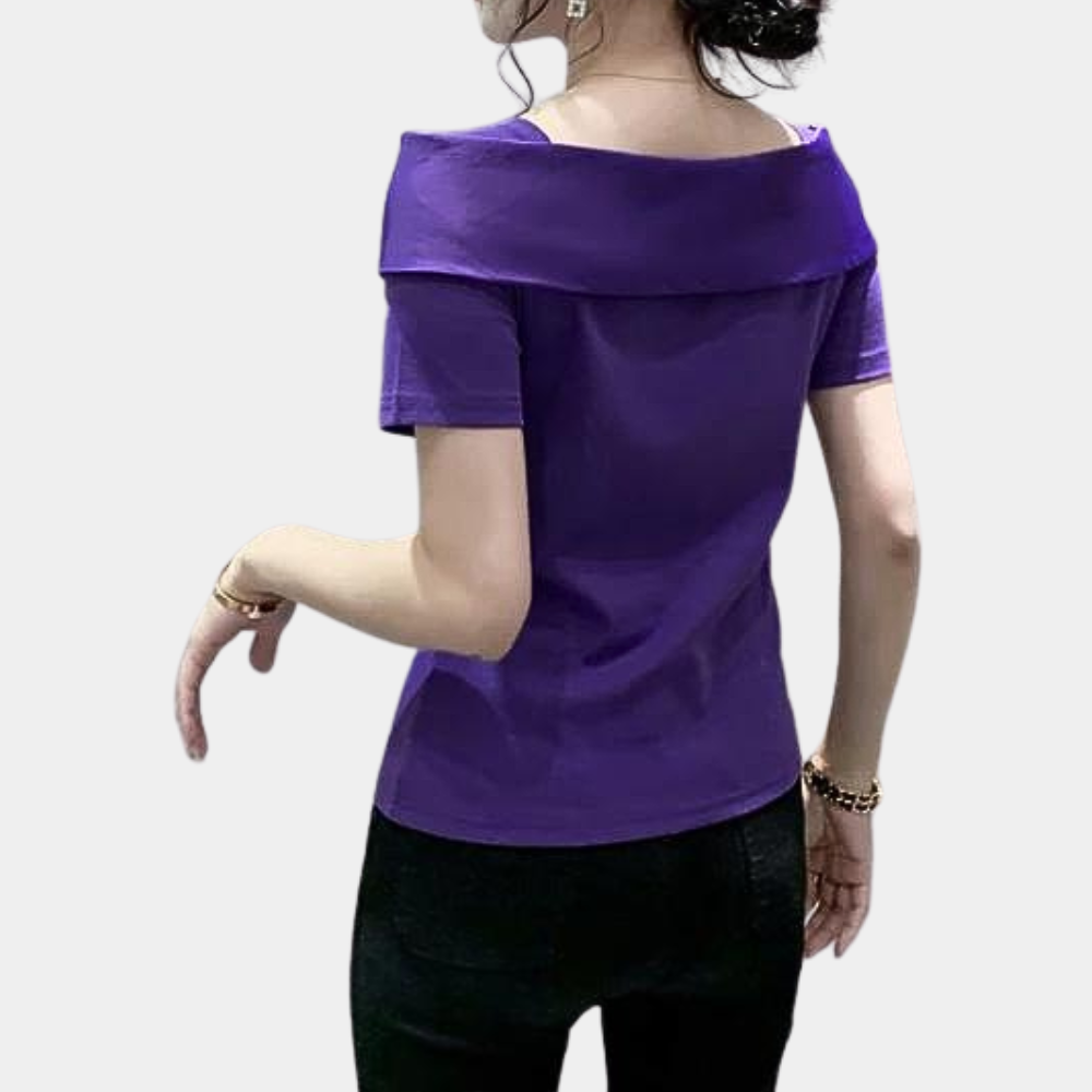Blouse Femme - Décolleté Carré - Noeud Large - Manches Courtes - Coupe Ajustée Élégante